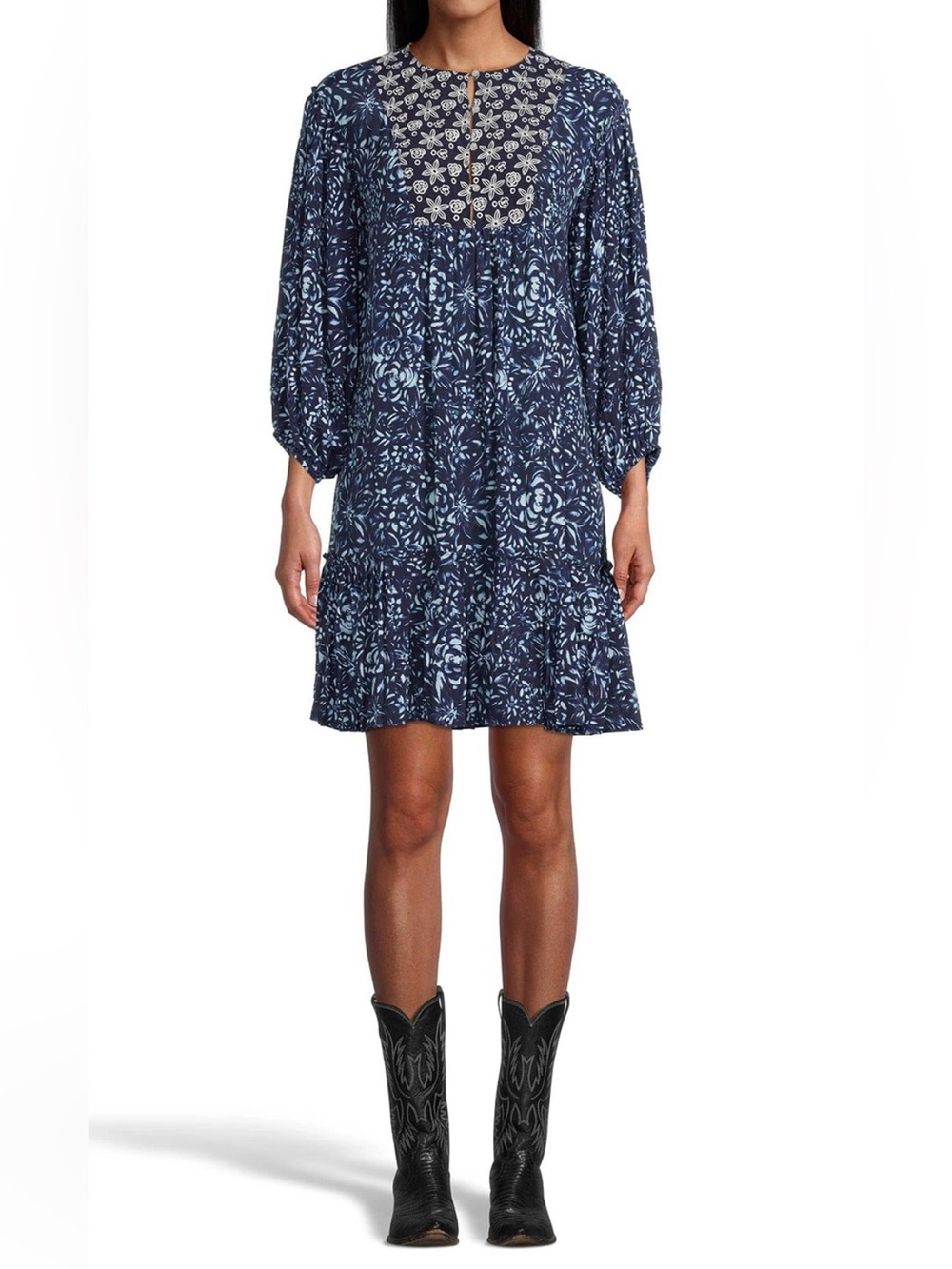 Nicole Miller Collection Silk/Cotton Embroidered Flowy Dress Navy/White Size XS